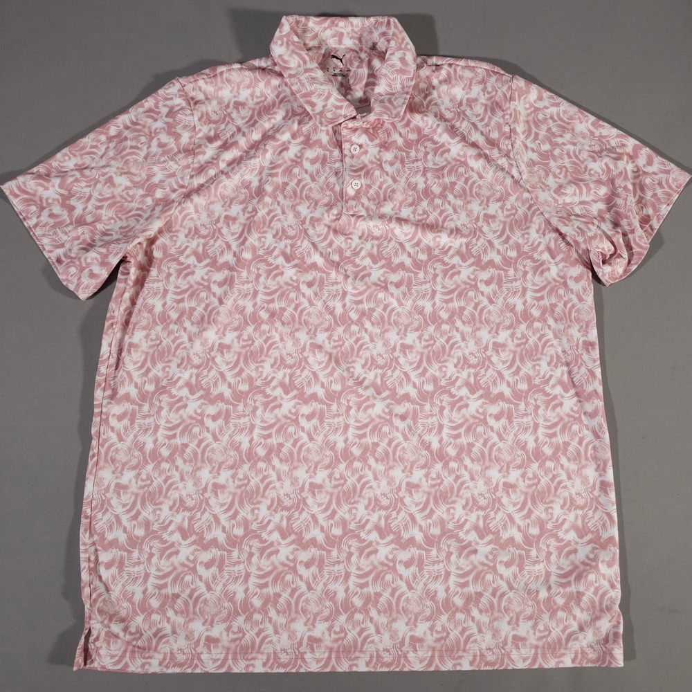 Puma Golf Polo Mens XL Pink White Swirl Graphic Short Sleeve Shirt 837975-02